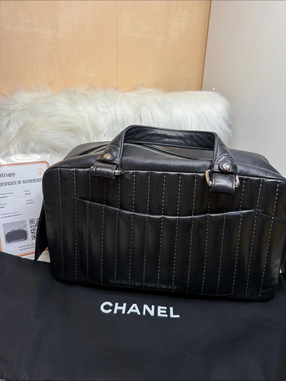 CHANEL Black Quilted Leather Top-Handle Bag